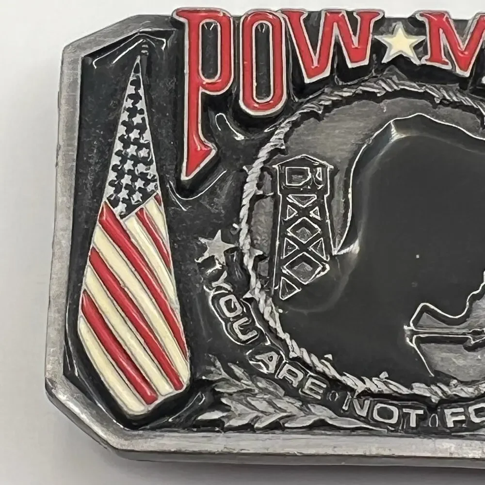 VTG POW MIA Belt Buckle You Are Not Forgotten Military Bergamot Pewter Enamel